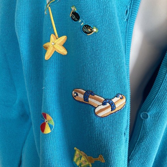 Vintage Tia Desiigns Sweater Cardigan Embroidered Beach XL Turquoise NWT - Picture 2 of 9